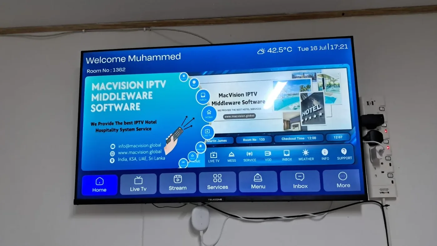 Yanbu hotel, port and staff-housing reference showing mACVISION IPTV middleware operating on a room television at the labour camp