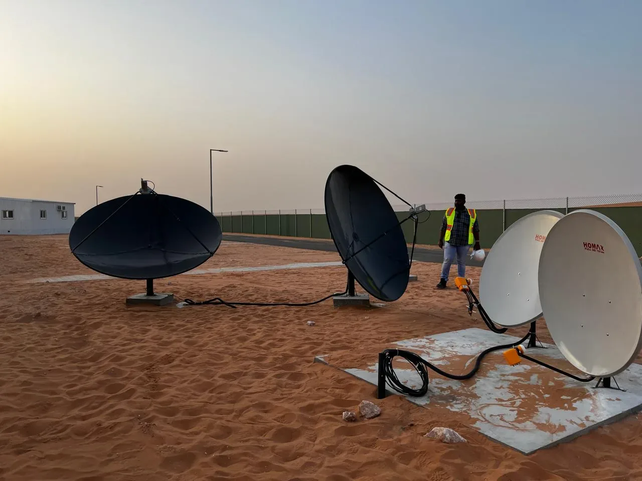 Yanbu hotel, port and staff-housing reference showing satellite reception system installation for the Saudi labour camp IPTV and Wi-Fi project