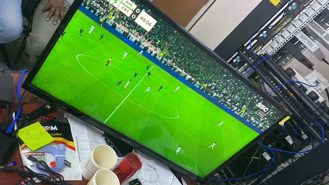 Yanbu hotel, port and staff-housing reference showing sports Channel Testing on Camp TV Network - Tecnicas Reunidas Labour Camp