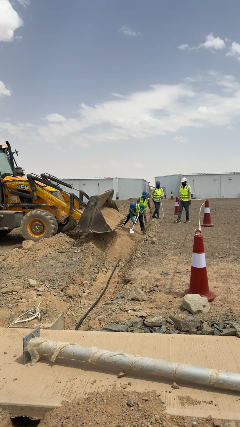 Yanbu hotel, port and staff-housing reference showing underground cabling and trenching work for the Saudi labour camp IPTV and Wi-Fi project